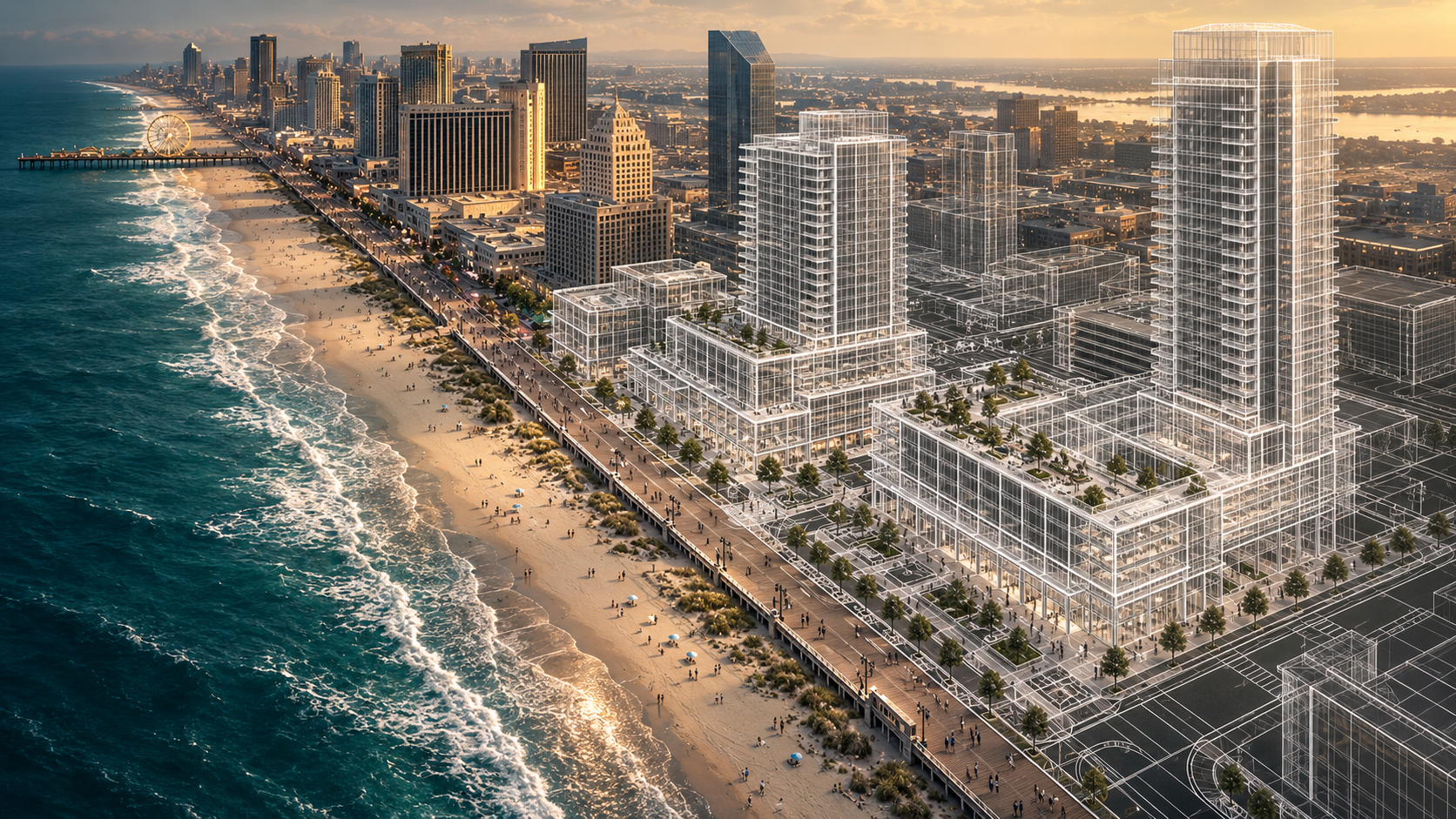 Conceptual beachfront architecture with prominent building outlines and site plans along the boardwalk beside teal ocean water
