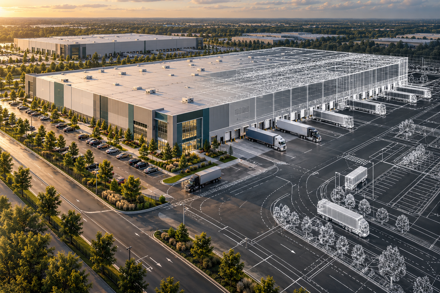 Conceptual modern industrial campus with loading docks, truck circulation and architectural wireframe drawings