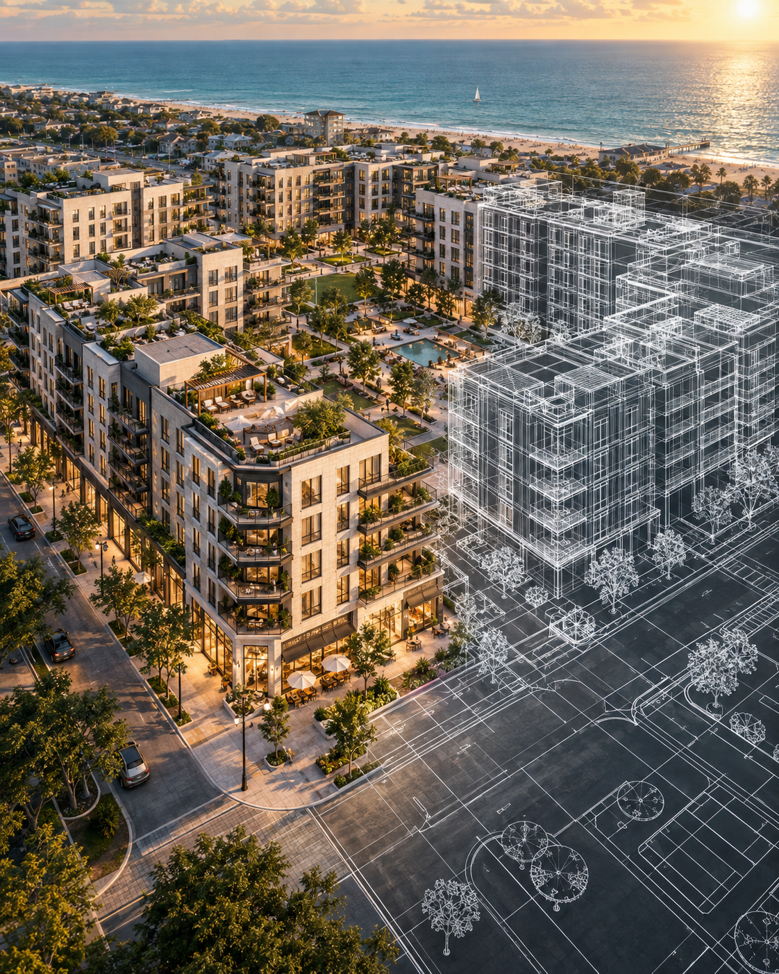 Conceptual apartments over street-level shops, with balconies, landscaped courtyards and white architectural drawings