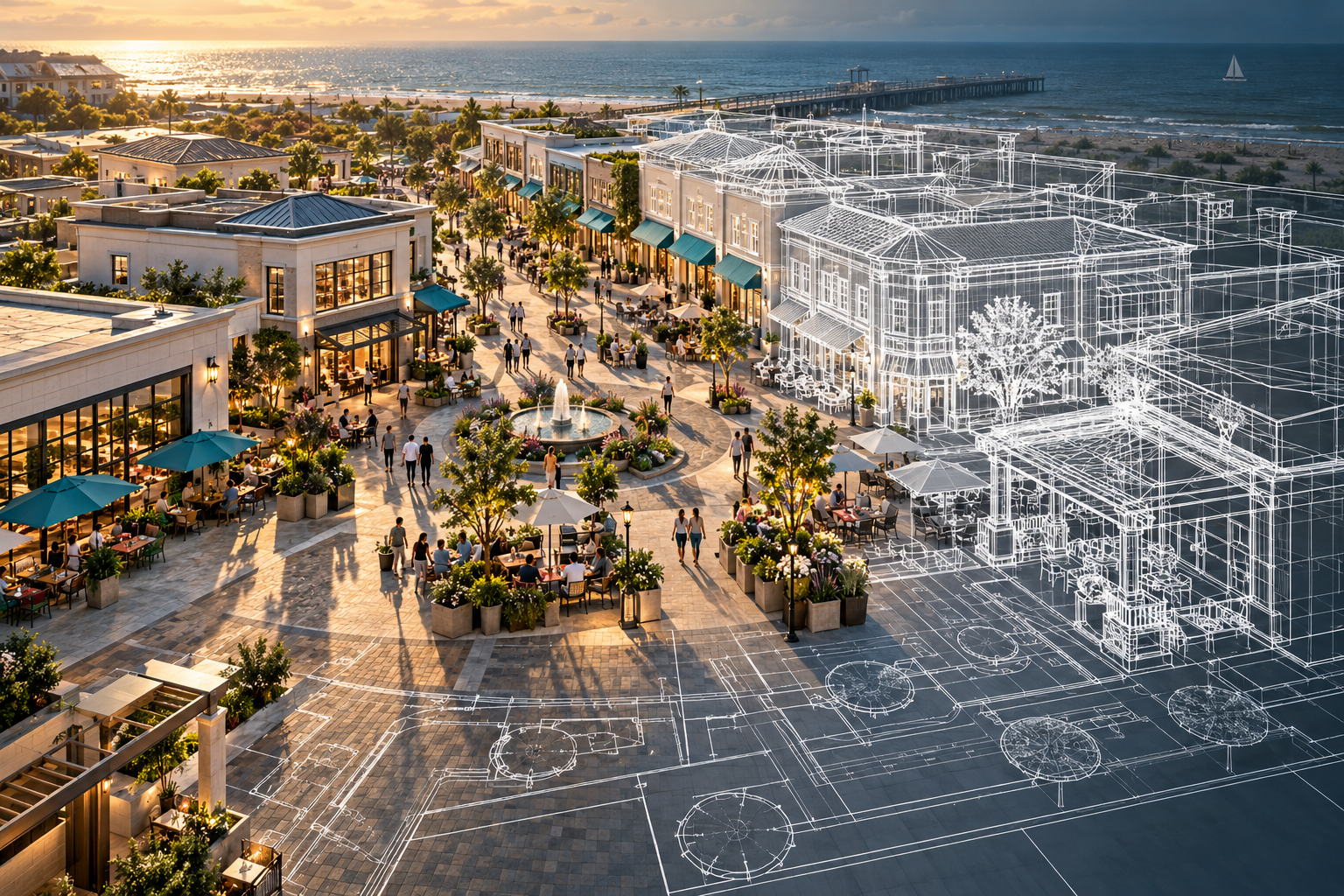Conceptual walkable retail and dining district with outdoor seating and architectural site-plan lines